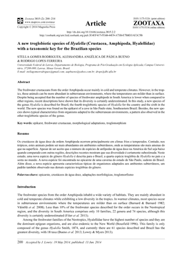 A New Troglobiotic Species of Hyalella (Crustacea, Amphipoda, Hyalellidae) with a Taxonomic Key for the Brazilian Species