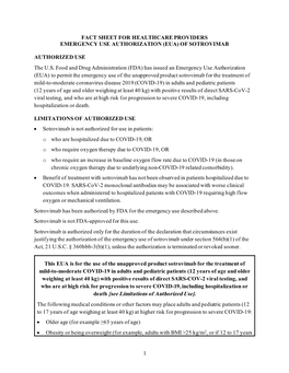 Fact Sheet for Healthcare Providers Emergency Use Authorization (Eua) of Sotrovimab