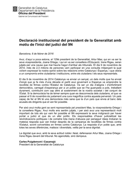 Declaració Institucional Del President De La Generalitat Amb Motiu De L'inici Del Judici Del 9N