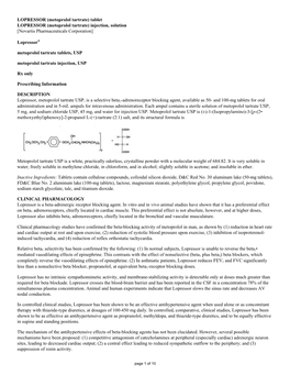 LOPRESSOR (Metoprolol Tartrate) Tablet LOPRESSOR (Metoprolol Tartrate) Injection, Solution [Novartis Pharmaceuticals Corporation]