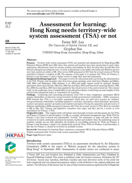 Assessment for Learning: Hong Kong Needs Territory-Wide System Assessment (TSA) Or Not 68 Fanny M.F