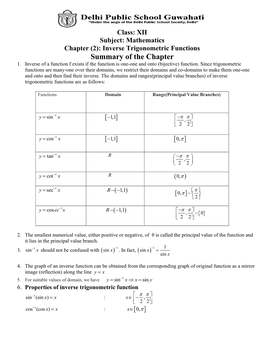 XII Subject: Mathematics Chapter (2): Inverse Trigonometric Functions Summary of the Chapter 1