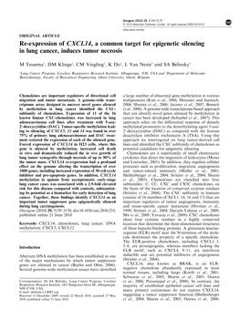 Re-Expression of CXCL14, a Common Target for Epigenetic Silencing in Lung Cancer, Induces Tumor Necrosis