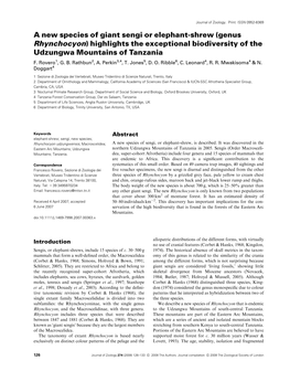 A New Species of Giant Sengi Or Elephant-Shrew (Genus Rhynchocyon) Highlights the Exceptional Biodiversity of the Udzungwa Mountains of Tanzania F