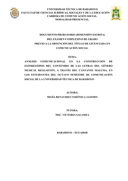 Universidad Técnica De Babahoyo Facultad De Ciencias Jurídicas, Sociales Y De La Educación Carrera De Comunicación Social