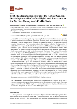 CRISPR-Mediated Knockout of the ABCC2 Gene in Ostrinia Furnacalis Confers High-Level Resistance to the Bacillus Thuringiensis Cry1fa Toxin