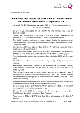 Industries Qatar Reports Net Profit of QR 951 Million for the Nine Months Period Ended 30 September 2020