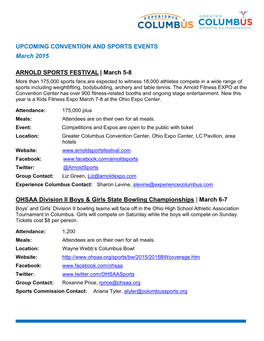 UPCOMING CONVENTION and SPORTS EVENTS March 2015 ARNOLD SPORTS FESTIVAL