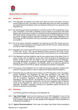 RFU Regulation 22 (Covid-19 Variations)