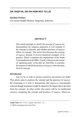 ON Taqiyya, OR on HOW NOT to Lie Qusthan Firdaus Universitas Buddhi Dharma, Tangerang, Indonesia Abstract This Article Attempts