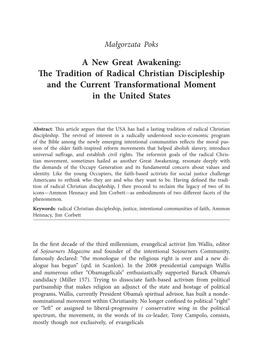 A New Great Awakening: the Tradition of Radical Christian Discipleship and the Current Transformational Moment in the United States