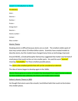 Lesson 3.1 Introduction to Atoms Vocabulary: Atomic Theory