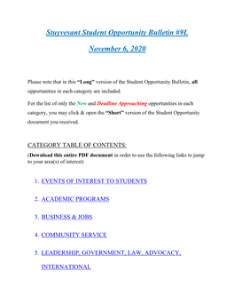 Stuyvesant Student Opportunity Bulletin #9L November 6, 2020