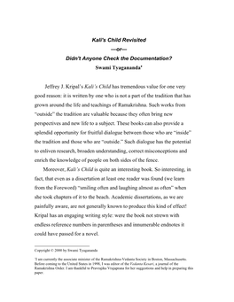 Swami Tyagananda∗ Jeffrey J. Kripal's Kali's Child