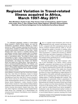 Regional Variation in Travel-Related Illness Acquired in Africa, March 1997–May 2011 Marc Mendelson, Pauline V