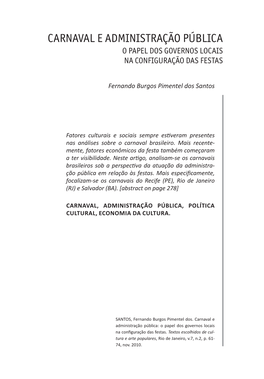 Carnaval E Administração Pública O Papel Dos Governos Locais Na Configuração Das Festas