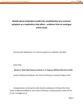 Beliefs About Medication Predict the Misattribution of a Common Symptom As a Medication Side Effect – Evidence from an Analogue Online Study