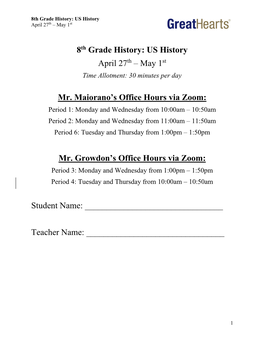 8Th Grade History: US History April 27 Th