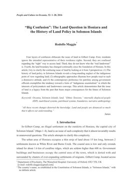 The Land Question in Honiara and the History of Land Policy in Solomon Islands