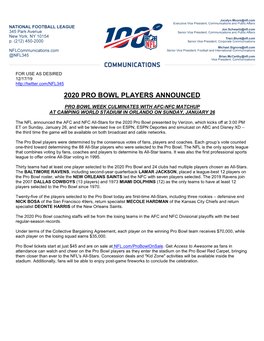 2020 Pro Bowl Players Announced