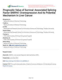 Prognostic Value of Survival−Associated Splicing Factor SNRPA1 Overexpression and Its Potential Mechanism in Liver Cancer