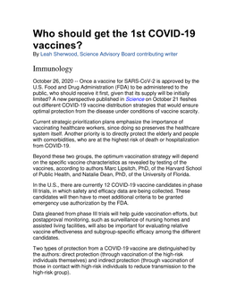 Who Should Get the 1St COVID-19 Vaccines? by Leah Sherwood, Science Advisory Board Contributing Writer