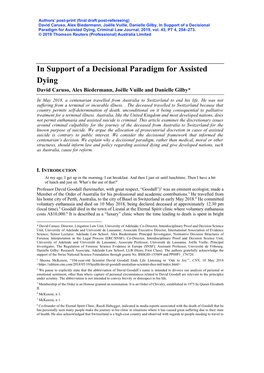 In Support of a Decisional Paradigm for Assisted Dying, Criminal Law Journal, 2019, Vol