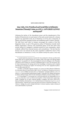 Isiac Cults, Civic Priesthood and Social Elite in Hellenistic Demetrias (Thessaly): Notes on IG IX 2, 1107B (RICIS 112/0703) and Beyond*