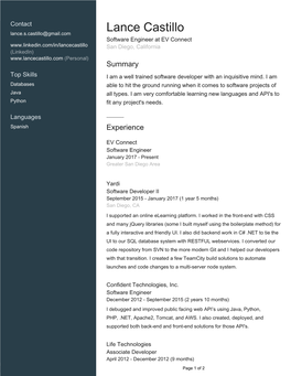 Lance Castillo Software Engineer at EV Connect San Diego, California (Linkedin) (Personal) Summary