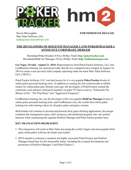 Pokertracker-Holdem Manager Merger Announcement