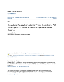 Occupational Therapy Intervention for Project Search Interns with Autism Spectrum Disorder: Potential for Improved Transition Outcomes