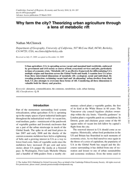 Theorizing Urban Agriculture Through a Lens of Metabolic Rift