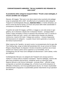 Confartigianato Abruzzo: “No All’Aumento Dei Pedaggi Su A24 E A25”