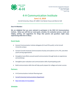 4-H Communication Institute June 1-2, 2019 Cornell University, Ithaca, NY 14850 • Carl Becker House and Warren Hall ______