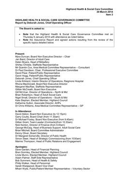 Highland Health & Social Care Committee 20 March 2014 Item 3 HIGHLAND HEALTH & SOCIAL CARE GOVERNANCE COMMITTEE Report B