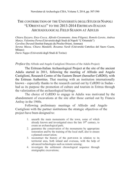 “L'orientale” to the 2013-2014 Eritrean-Italian Archaeological Field Season at Adulis