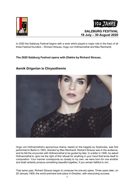 SALZBURG FESTIVAL 18 July – 30 August 2020 Asmik Grigorian Is