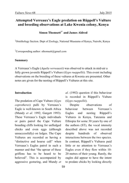 Attempted Verreaux's Eagle Predation on Rüppell's Vulture and Breeding Observations at Lake Kwenia Colony, Kenya