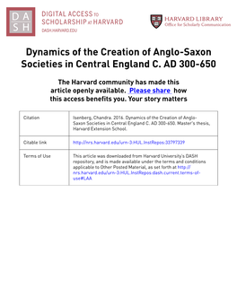 Dynamics of the Creation of Anglo-Saxon Societies in Central England C