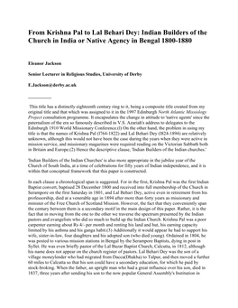 From Krishna Pal to Lal Behari Dey: Indian Builders of the Church in India Or Native Agency in Bengal 1800-1880