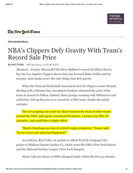 NBA's Clippers Defy Gravity with Team's Record Sale Price ­ the New York Times