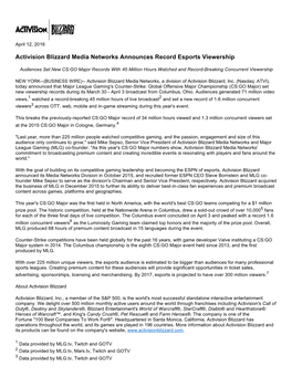 Activision Blizzard Media Networks Announces Record Esports Viewership