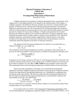 Physical Chemistry Laboratory I CHEM 445 Experiment 1 Freezing Point Depression of Electrolytes Revised, 01/13/03