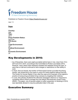 Iran Key Developments in 2016: Executive Summary