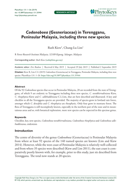 Codonoboea (Gesneriaceae) in Terengganu, Peninsular Malaysia, Including Three New Species
