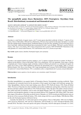 (Neuroptera: Sisyridae) from Brazil: Distributional, Taxonomical and Bionomical Notes