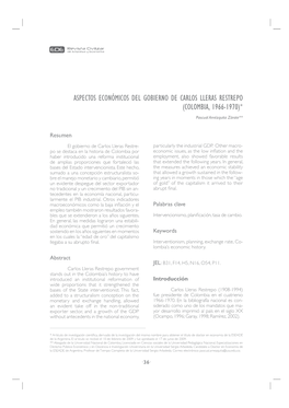 Aspectos Económicos Del Gobierno De Carlos Lleras Restrepo (Colombia, 1966-1970)*