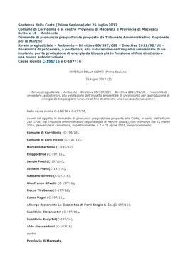 Sentenza Della Corte (Prima Sezione) Del 26 Luglio 2017 Comune Di Corridonia E A