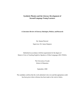 Synthetic Phonics and the Literacy Development of Second Language Young Learners