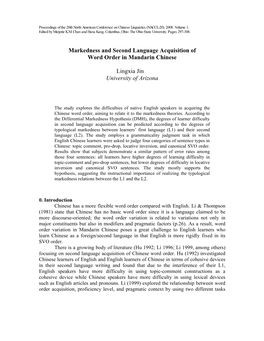 Markedness and Second Language Acquisition of Word Order in Mandarin Chinese